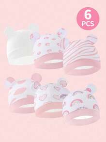 6pcs Pink Newborn Infant Cute Ear Design Warm Basic Beanies, Great Baby Shower Gift