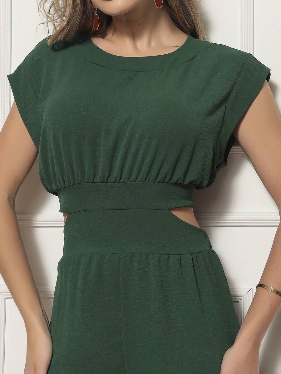 Check Out Women's Jumpsuit With Side Cutouts - Fabric Made In Duna Small Opening On The Back - Comfortable Casual - Màu xanh lá cây đậm - Xem 1