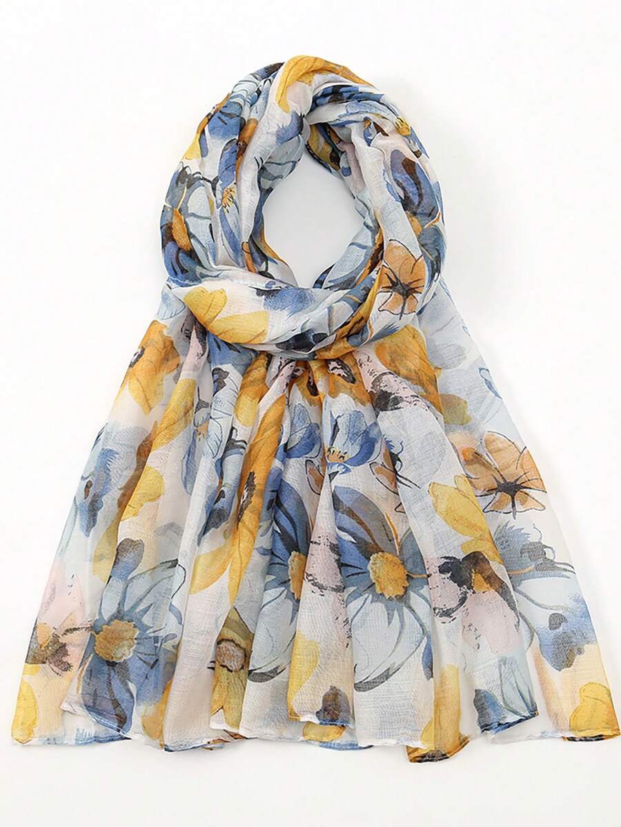 1 件花卉印花休闲可爱优雅街头宫廷风格轻质商务派对涤纶巴厘岛雪纺围巾，适合所有季节冬季秋季