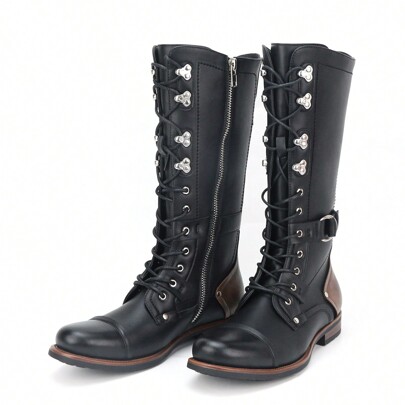 Men's Black Leather Platform Ankle Boots Lace Up Side Zip Adjustable Buckle Lug Sole Non-Slip Combat Booties Fashion Punk Motorcycle Boots