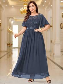 Plus Sequin Lace Bodice Contrast Chiffon Butterfly Sleeve Wedding Party Guest Long Dress, Formal Dress, Fall Dresses, Wedding Guest Dress, For Birthday, Formal Events, Ceremony