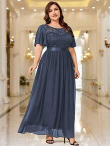 Plus Sequin Lace Bodice Contrast Chiffon Butterfly Sleeve Wedding Party Guest Long Dress, Formal Dress, Fall Dresses, Wedding Guest Dress, For Birthday, Formal Events, Ceremony