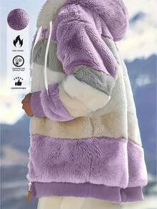 Furry Colorblock Hooded Oversized Jacket For Women, Autumn/Winter Casual - Purple - View 3