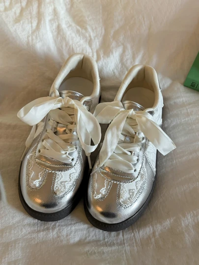 Women's Casual Sneakers, New Style Lace-Up Breathable Versatile Leisure Trainers, Ballet Flat Lace-Up White Shoes, Comfortable Women's Shoes, Performance, Elegant Women's Sneakers, Elegant Women's Shoes, Tennis, Women's Sneakers, Silver