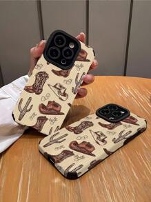1 pièce Étui de téléphone en silicone de style occidental avec motif de cowboy occidental, texture  synthétique rayée, classique, anti-chute, en silicone souple, compatible avec Apple 16/16Plus/16Pro/16ProMax, étanche, antichoc, résistant aux rayures, cadeau de printemps pour anniversaire - Multicolore - Voir 2