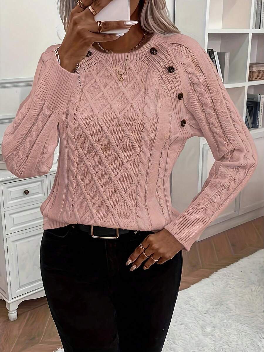 New Women Button Detail Knit Pullover Sweater - Pink - View 1