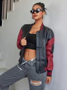 Apperloth A Chaqueta bomber vintage de contraste de color de PU con cremallera, cuello de béisbol y hombros caídos para festivales de música punk