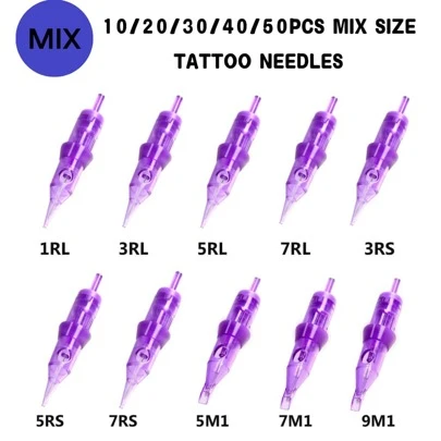 10/20/30/40/50pcs Purple Mixed Cartridge Tattoo Needle 1RL+3RL+5RL+7RL+3RS+5RS+7RS+5M1+7M1+9M1 Disposable Sterilized Tattoo Needle For Cartridge Machines Grips