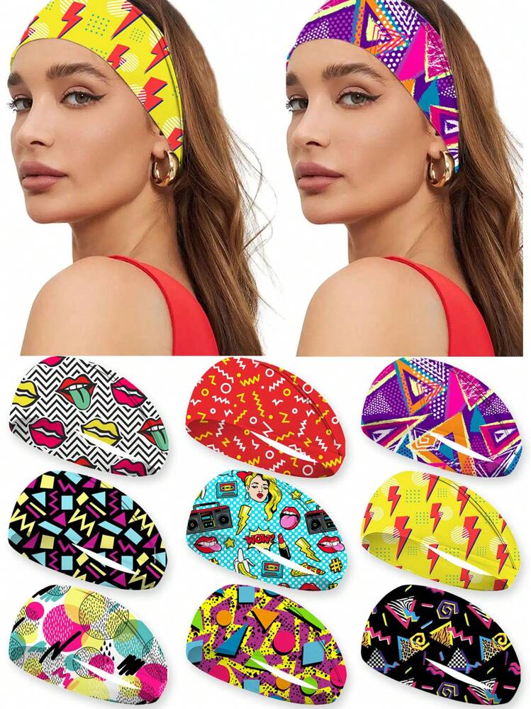 1個 レトロ80年代スタイル エラスティック プリントヘッドバンド