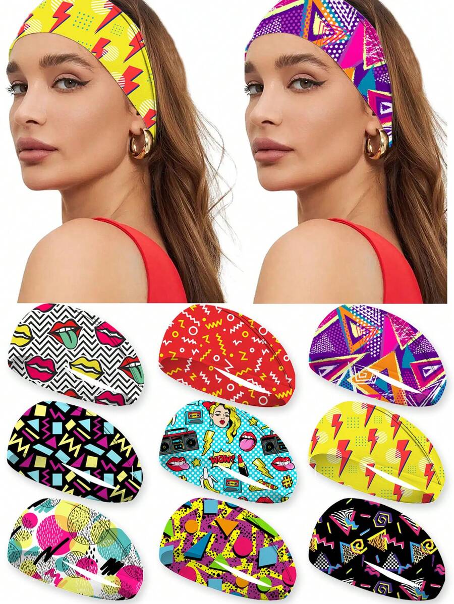 1 pieza Diadema ancha estampada de estilo vintage de los 80 para mujer, banda deportiva elástica y transpirable para hacer ejercicio, accesorio para el cabello antideslizante para vacaciones, pañuelo elegante para mujer, diadema suave para outfits de verano - Multicolor - Ver 1