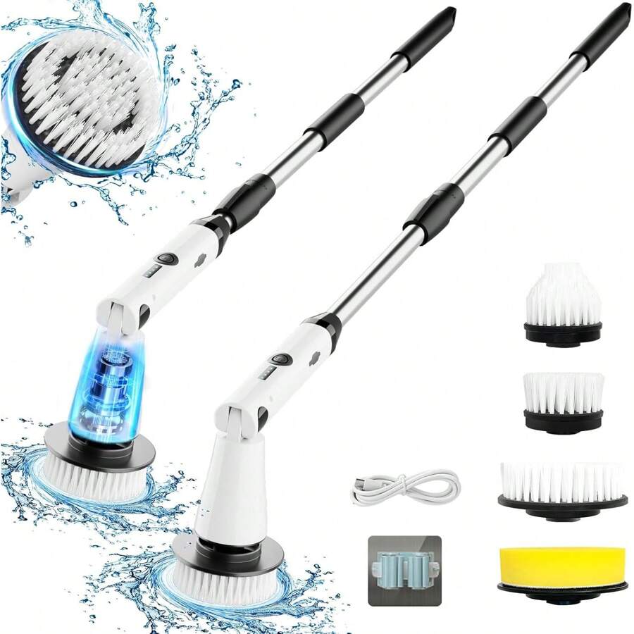 Electric Spin Scrubber, Bathroom Cleaner, Power Shower Cleaning Brush With Extendable Handle & 4 Brush Heads, Shower Scrubber For Bathtub Tile Grout Kitchen Window And Floor - 黑色 - 查看 1