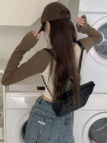 新款春秋撞色字母刺绣短袖/长袖女士 T 恤 - 卡其色 - 查看 5