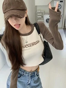 新款春秋撞色字母刺绣短袖/长袖女士 T 恤 - 卡其色 - 查看 3