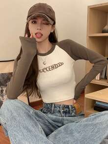 新款春秋撞色字母刺绣短袖/长袖女士 T 恤 - 卡其色 - 查看 7