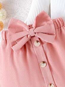 Baby Girl Set Of Solid Color Long Sleeve Romper And Pink Bow Decorated Skirt With Headband