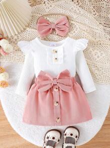 Baby Girl Set Of Solid Color Long Sleeve Romper And Pink Bow Decorated Skirt With Headband