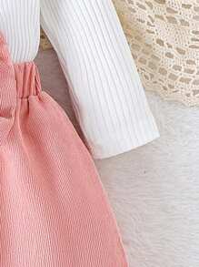 Baby Girl Set Of Solid Color Long Sleeve Romper And Pink Bow Decorated Skirt With Headband