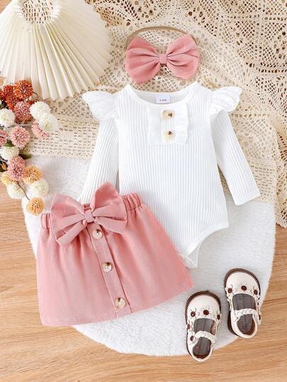 Baby Mädchen Set aus einfarbigem Langarm-Romper und rosa Schleifenrock mit Haarband