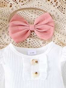 Baby Girl Set Of Solid Color Long Sleeve Romper And Pink Bow Decorated Skirt With Headband