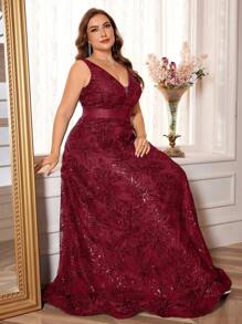 BluePlum Đầm dạ hội dáng chữ A cổ chữ V, chất lượng cao dành cho nữ cỡ lớn, đính sequin và thêu, phối ruy băng, thanh lịch, thích hợp cho các buổi tiệc tối trang trọng (thiết kế cầu kỳ), váy dự tiệc cưới mùa xuân. - Màu Đỏ Sâu - Xem 7