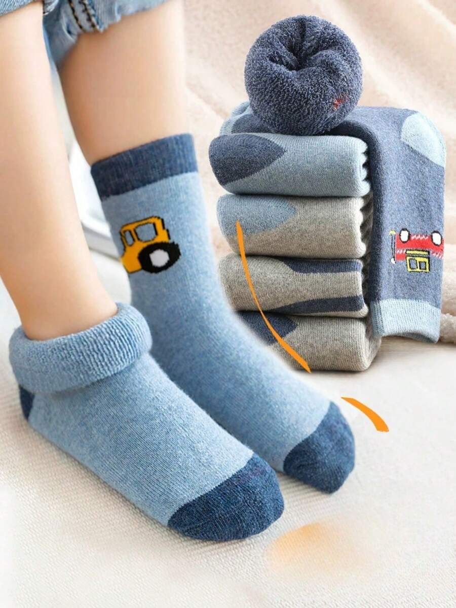 5 pares de calcetines gruesos de invierno para niños, calcetines de felpa con diseño de automóviles lindos, calzado cálido para niños de 1-2 años, 2-3 años, 3-8 años, 8-12 años