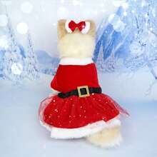 Festive Velvet Santa Pet Costume Set With Bow Headband, Pullover Dog And Cat Christmas Outfit In Red, Polyester Woven Fabric Dress With Mesh Skirt, Fashionable Holiday Party Apparel For Small Breeds