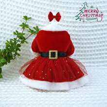 Festive Velvet Santa Pet Costume Set With Bow Headband, Pullover Dog And Cat Christmas Outfit In Red, Polyester Woven Fabric Dress With Mesh Skirt, Fashionable Holiday Party Apparel For Small Breeds