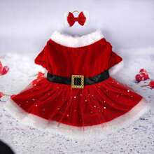 Festive Velvet Santa Pet Costume Set With Bow Headband, Pullover Dog And Cat Christmas Outfit In Red, Polyester Woven Fabric Dress With Mesh Skirt, Fashionable Holiday Party Apparel For Small Breeds