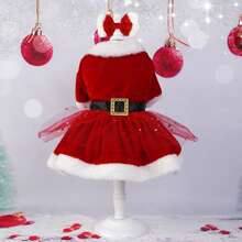Festive Velvet Santa Pet Costume Set With Bow Headband, Pullover Dog And Cat Christmas Outfit In Red, Polyester Woven Fabric Dress With Mesh Skirt, Fashionable Holiday Party Apparel For Small Breeds