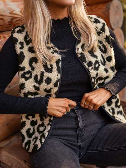 Acelitt Leopard Muster kontrastierender Sherpa Weste, einreihige Wildlederjacke, Wintermantel für Damen
