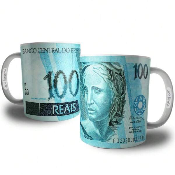 Caneca Nota de Cem Reais - Caneca Nota de 100 Reais Moeda Brasileira - Presente para Trader Investidor,