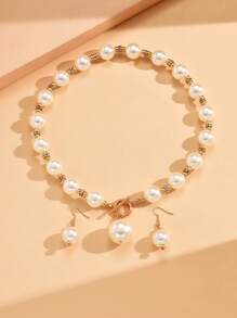 Faux Pearl Decor Necklace & Drop Earrings