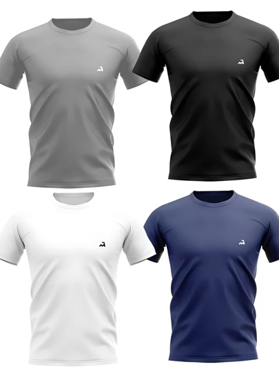 Kit com 4 Camisetas Masculinas Estilo Boyfriend de Treino em Tecido Dry Fit de Manga Curta, , Academia, Corrida, CrossFit, Fitness, Liso, Premium, Poliéster, Anti-Suor, Anti-Odor