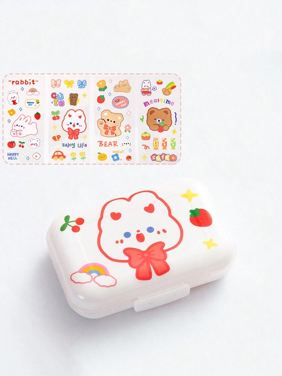 1pc Random Sticker Design Portable Medicine Box With Divider For Home, Travel, Work, Mini Storage Case - Multicolor - View 1