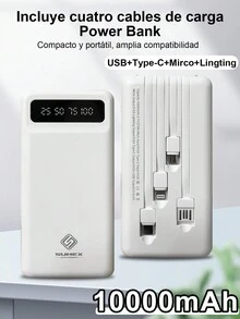 Power Bank 10000 mah,Ultra Slim de Bateria Portatil,con 4 Cables Incorporados USB, Tipo C, Micro USB Pila Portatil Compatible para,con linterna LED - Blanco - Ver 1