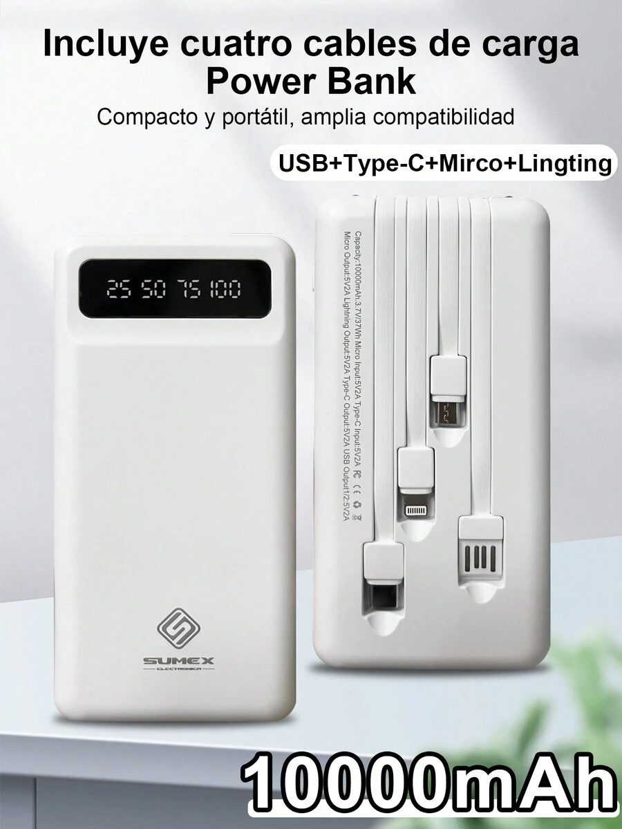 Power Bank 10000 mah,Ultra Slim de Bateria Portatil,con 4 Cables Incorporados USB, Tipo C, Micro USB Pila Portatil Compatible para,con linterna LED - Blanco - Ver 1
