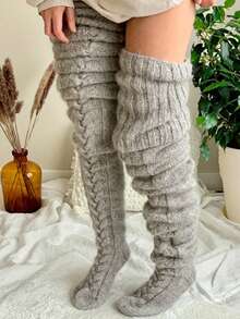 1 Cặp tất dài qua đầu gối cho nữ, dệt kim, siêu dài, đan ấm áp, mặc thường ngày, thu/đông - Màu be - Xem 3