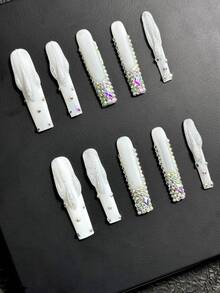 超长矩形纯手工制作 Y2K 风格按压式指甲，白色按压式指甲片饰有水钻法式尖头、闪亮水钻、花朵、蝴蝶结、小猫头配饰，专为纯手工按压式指甲设计。适合女性和女孩。每套包括 10 个三种尺寸的按压式指甲片，以及一个工具包。（注意：指甲配件颜色随机）按压式指甲指甲用品 - 灰色 - 查看 3