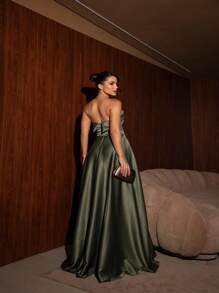 Long Strapless Princess Style Bridesmaid Prom Debutante Party Dress In Luxurious Satin Fabric Without Shine - 橄欖綠 - 查看 2