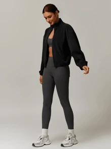 MASKERT Áo khoác lông cừu ngắn cho nữ có khóa kéo cổ đứng, đơn giản và thoải mái, áo khoác ngắn có khóa kéo ấm áp - màu đen - Xem 6