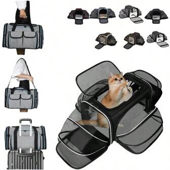 IISVGE Airline Certified Pet Carrier Expandable Bag, Suitable For Cats & Dogs Up To 22 Lbs - Foldable With Pockets & Detachable Fleece Pad, Portable Cat Carrier, Soft-Sided Pet Carrier For Small Cats Or Dogs, Durable Oxford Cloth & Breathable Mesh, For Pet Hospital Visits & Outdoor Adventures, Washable Cozy Cushion (Gift For Pet Owners) Cat Carrier Cat Backpack Bike Trailer