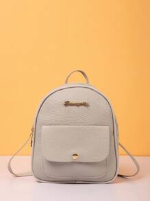 Mochila mini con textura de litchi y letras de metal - Gris - Ver 1