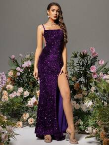 紫色无袖露背开衩至大腿亮片装饰女士正式晚礼服优雅婚礼宾客礼服，适合毕业典礼、晚宴 - 紫色 - 查看 2