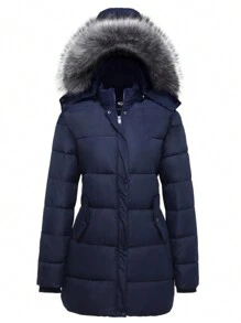 Plus Size Women Winter Thick Coat With Removable Hood, Warm Mid-Length Jacket - Navy Blue - View 1
