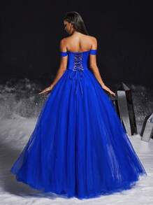 VIPGIRL 露肩褶皱网眼舞会礼服优雅正式晚会婚礼宾客礼服，适合毕业典礼、晚宴派对礼服 - 寶藍色 - 查看 3