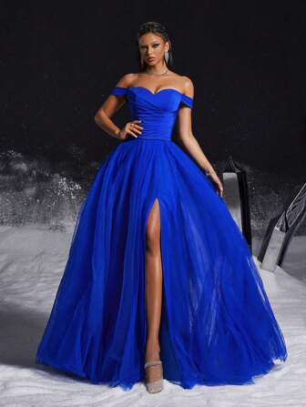 VIPGIRL Robe de soirée élégante en maille froncée avec épaules dénudées, pour mariage, soirée de remise de diplômes, dîner