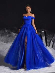 VIPGIRL 露肩褶皱网眼舞会礼服优雅正式晚会婚礼宾客礼服，适合毕业典礼、晚宴派对礼服 - 寶藍色 - 查看 5