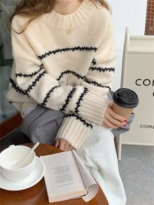 条纹落肩毛衣，长袖上衣