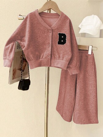 2 件套年轻女孩休闲校园运动开衫和裤子套装，春秋季