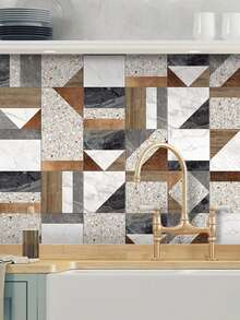 Papel tapiz decorativo para cocina bohemio, fácil de pelar y pegar, resistente al agua y al aceite, en un diseño de patchwork de tonos cian/rosa/beige/marrón, papel adhesivo de vinilo autoadhesivo perfecto para renovación del hogar, salpicadero de cocina, gabinete, 1 pieza/1 rollo de 11,81*47,24 pulgadas - Multicolor - Ver 5